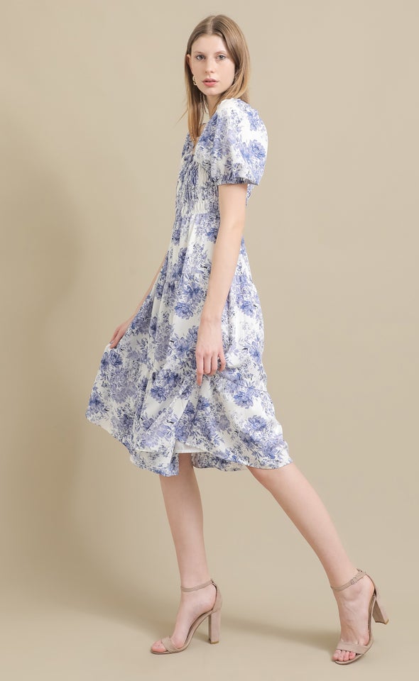Ptd CDC Shirred Puff Slv Midi Dress Cream/blue Floral