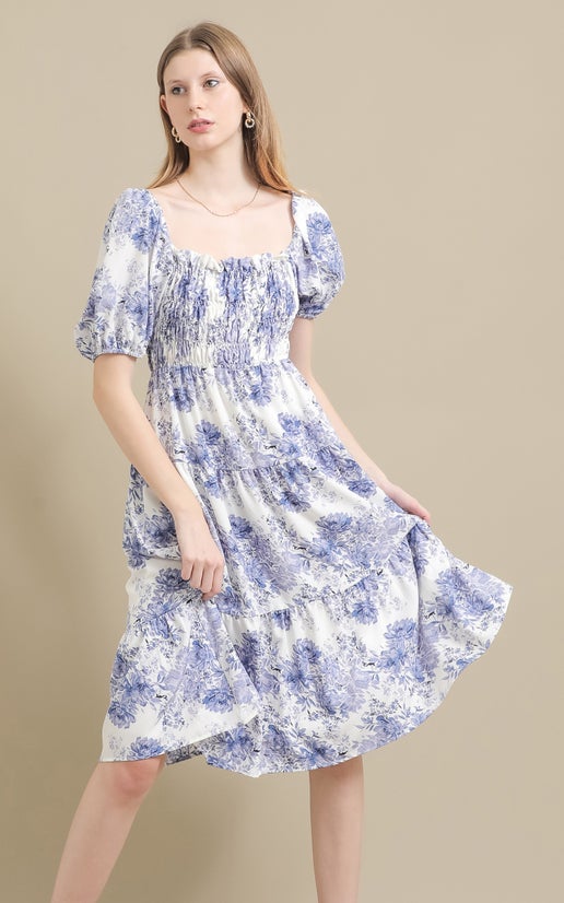 Shop our Ptd CDC Shirred Puff Slv Midi Dress in Cream/blue floral | Pagani