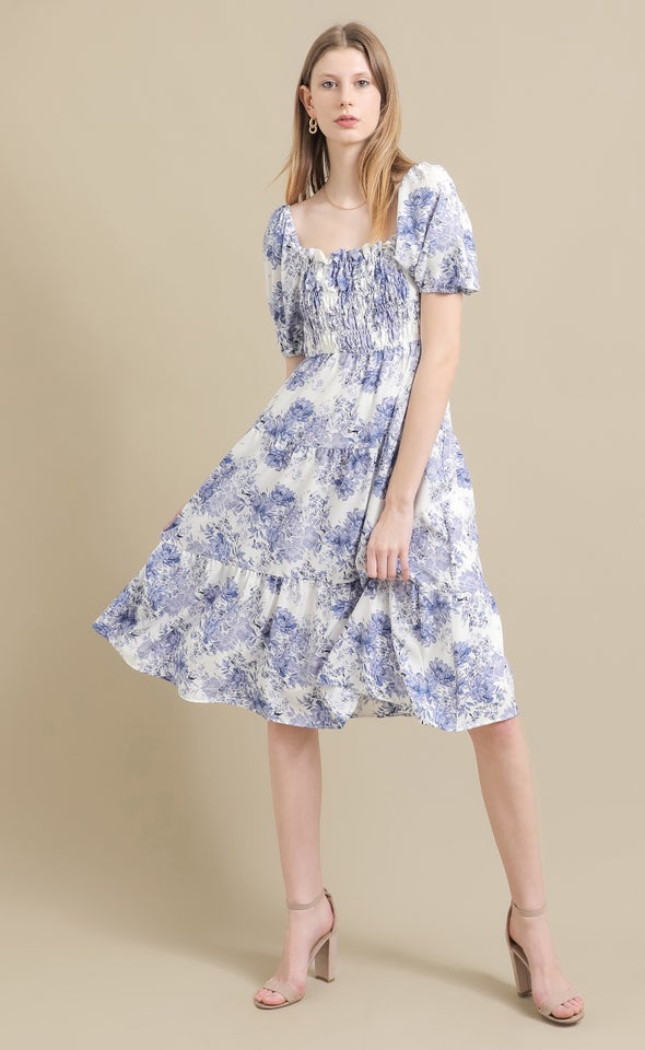 Ptd CDC Shirred Puff Slv Midi Dress Cream/blue Floral