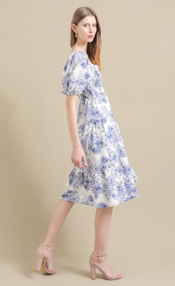 Ptd CDC Shirred Puff Slv Midi Dress Cream/blue Floral