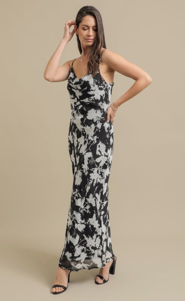 Ptd Chiffon Bias  Cowl Slip Maxi Black/abstract