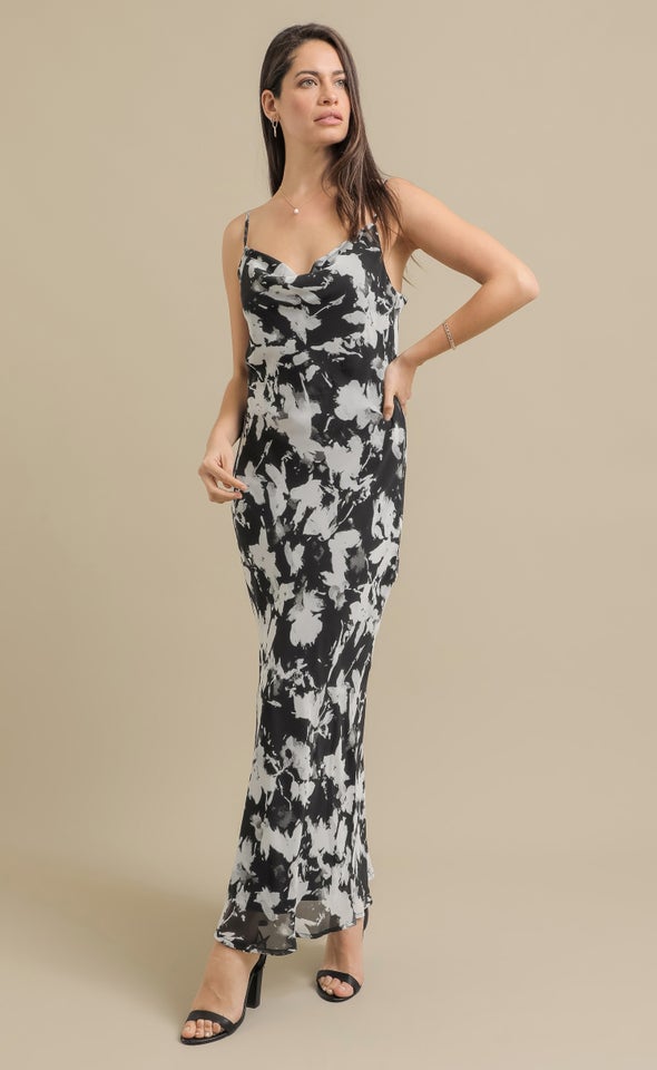 Ptd Chiffon Bias  Cowl Slip Maxi Black/abstract