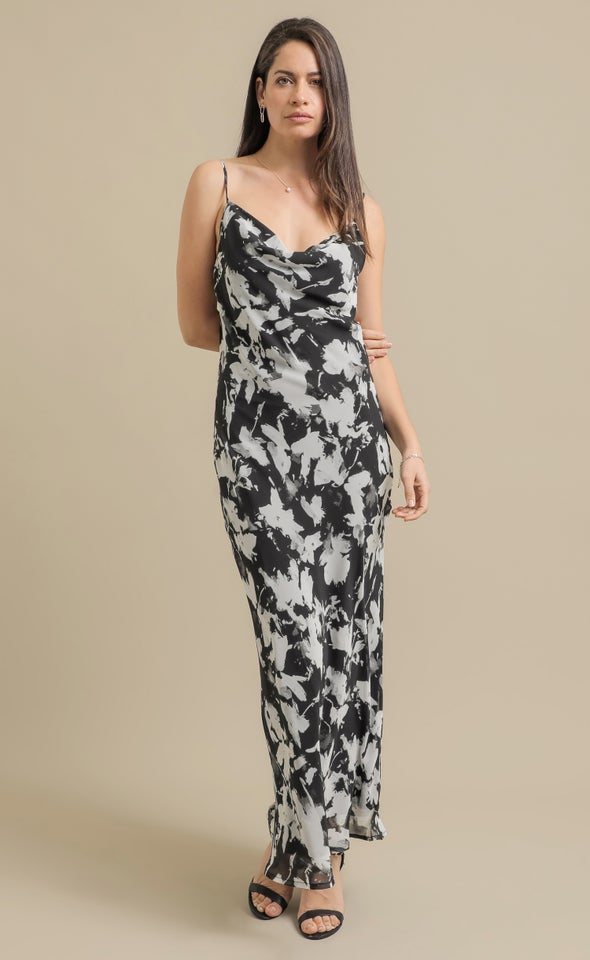Ptd Chiffon Bias  Cowl Slip Maxi Black/abstract