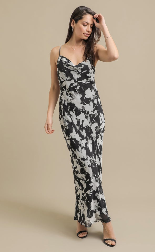 Ptd Chiffon Bias  Cowl Slip Maxi Black/abstract