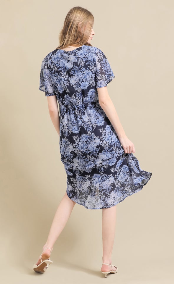 Ptd Chiffon Button Front Flutter Slv Dress Blue/floral
