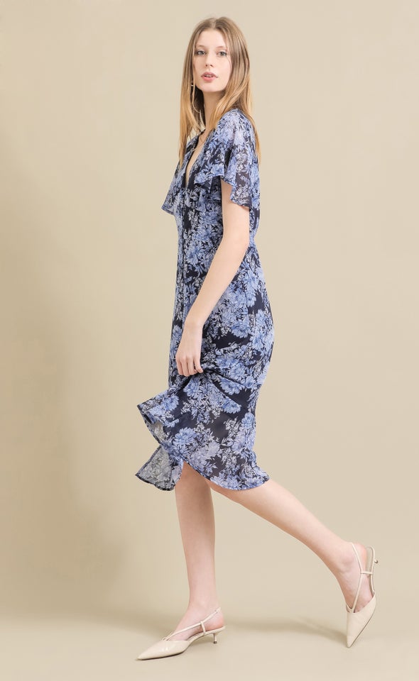 Ptd Chiffon Button Front Flutter Slv Dress Blue/floral