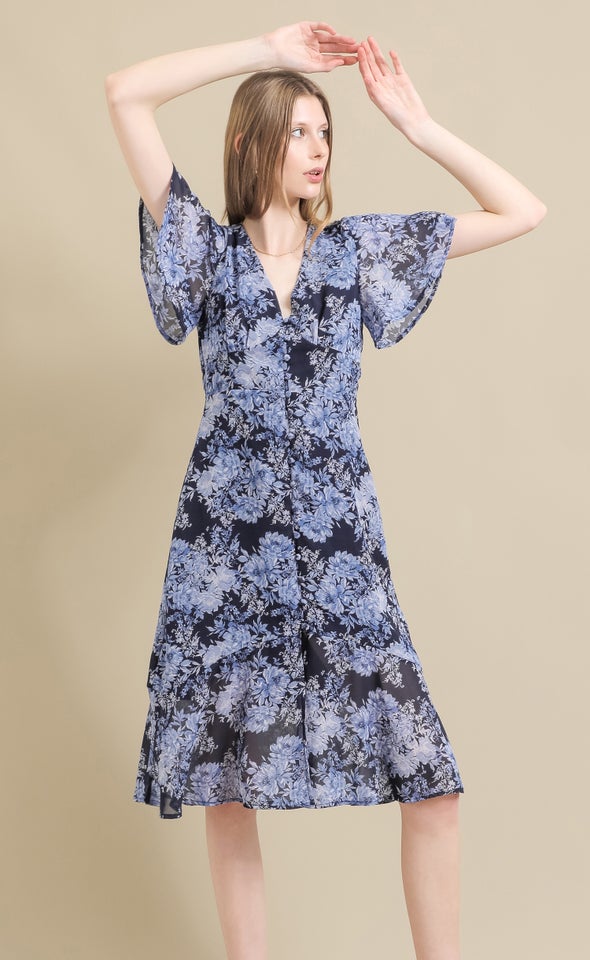 Ptd Chiffon Button Front Flutter Slv Dress Blue/floral