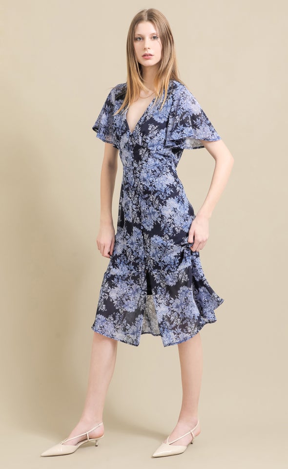 Ptd Chiffon Button Front Flutter Slv Dress Blue/floral