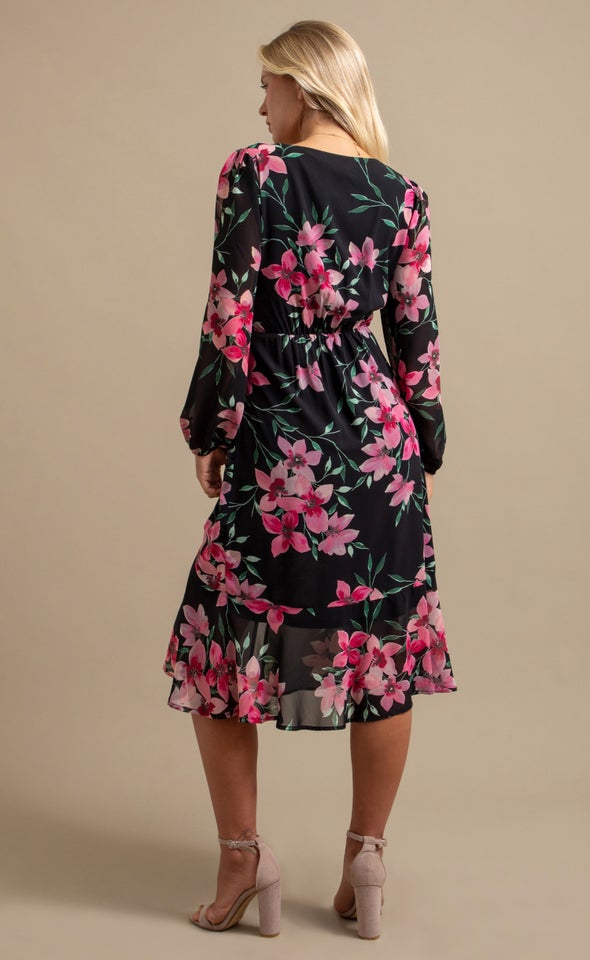 Ptd Chiffon Button Front LS Dress Black/blush Floral