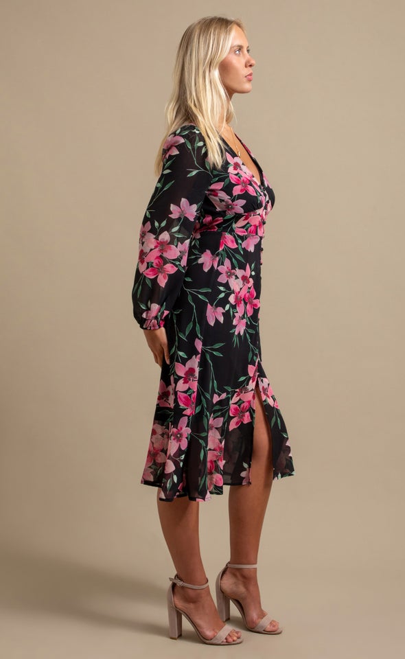 Ptd Chiffon Button Front LS Dress Black/blush Floral