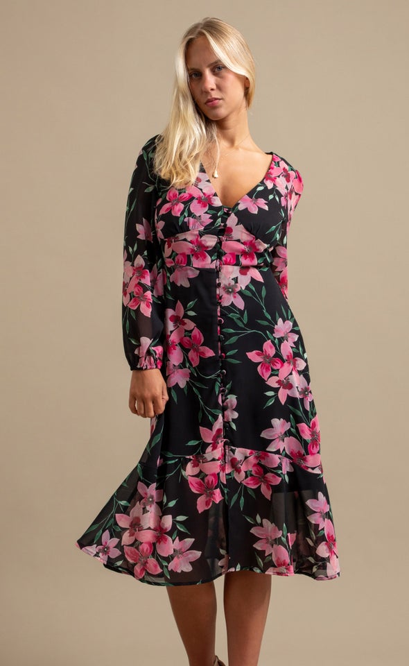 Ptd Chiffon Button Front LS Dress Black/blush Floral