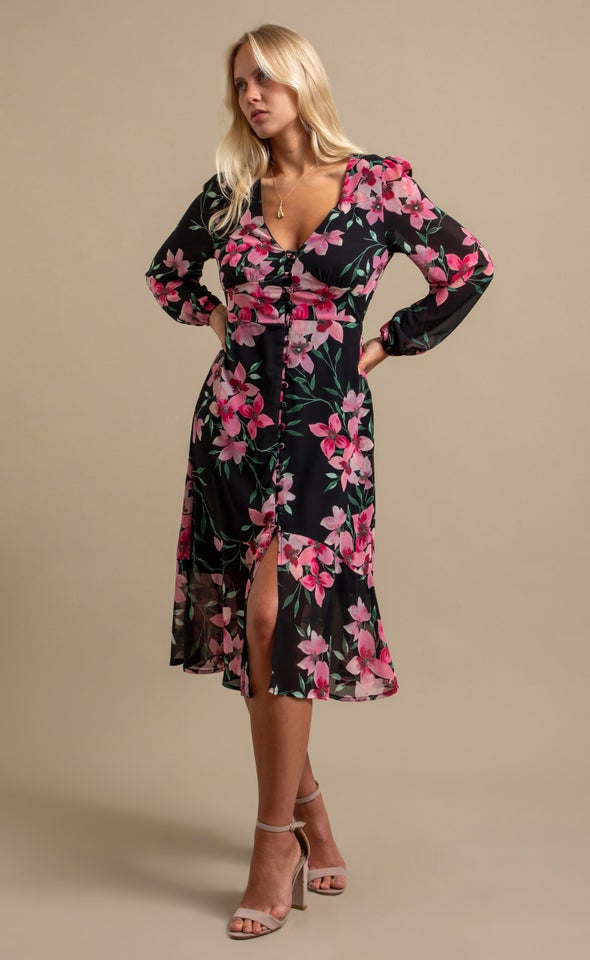 Ptd Chiffon Button Front LS Dress Black/blush Floral