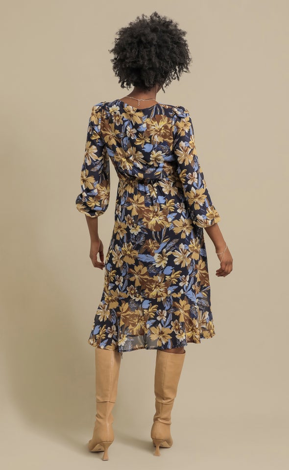 Ptd Chiffon Button Front LS Dress Blue/floral