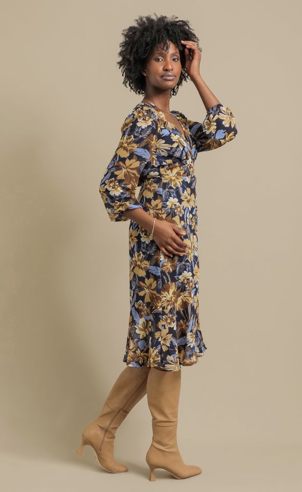 Ptd Chiffon Button Front LS Dress Blue/floral