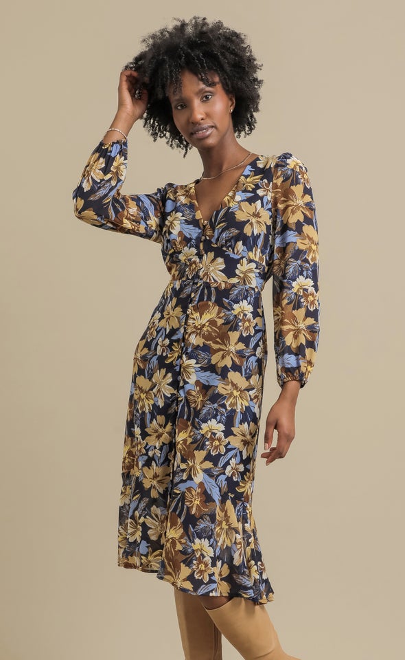 Ptd Chiffon Button Front LS Dress Blue/floral