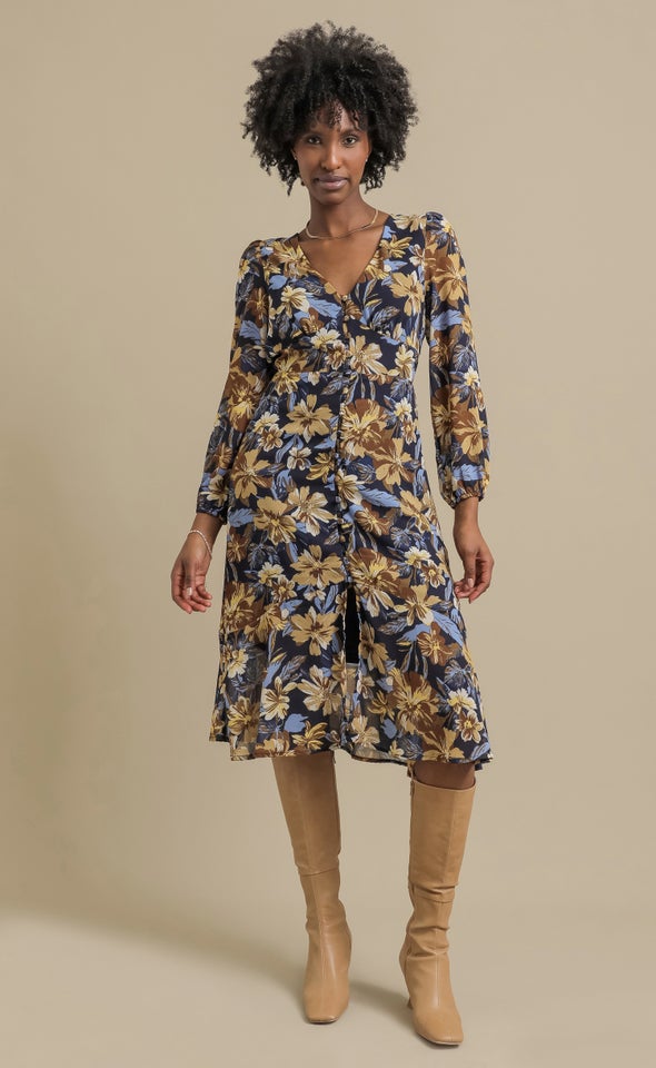 Ptd Chiffon Button Front LS Dress Blue/floral