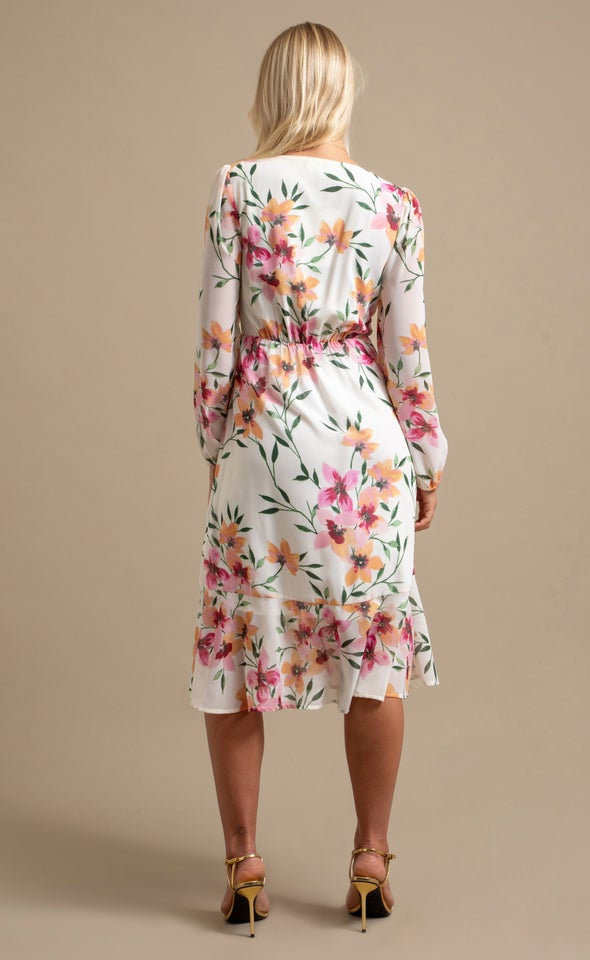 Ptd Chiffon Button Front LS Dress Cream/blush Floral