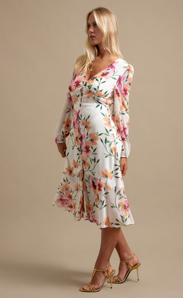 Ptd Chiffon Button Front LS Dress Cream/blush Floral