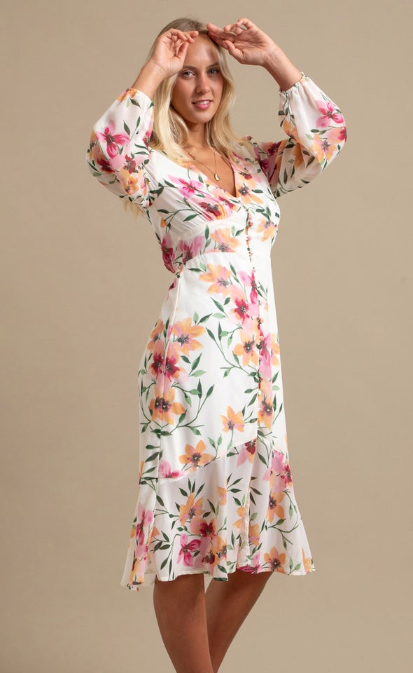 Ptd Chiffon Button Front LS Dress Cream/blush Floral