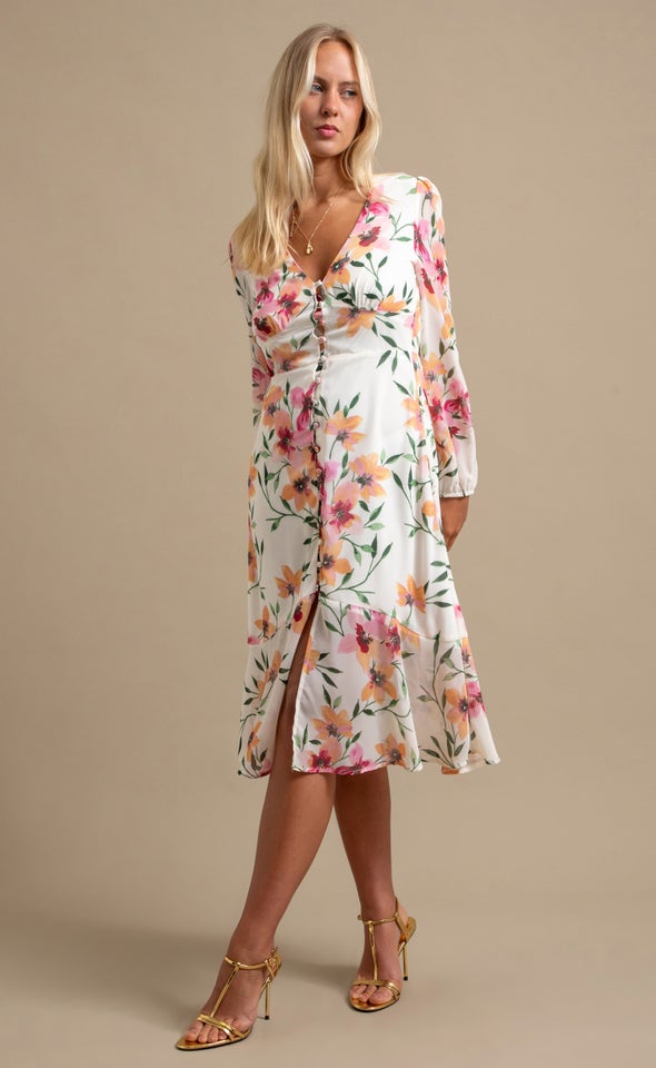 Ptd Chiffon Button Front LS Dress Cream/blush Floral