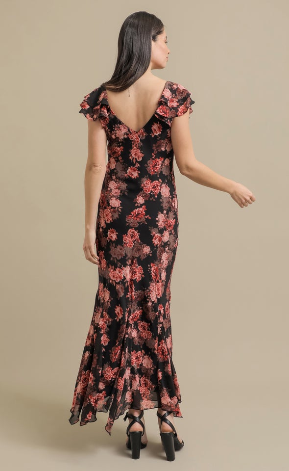 Ptd Chiffon Flutter Slv Midi Dress Black/coral