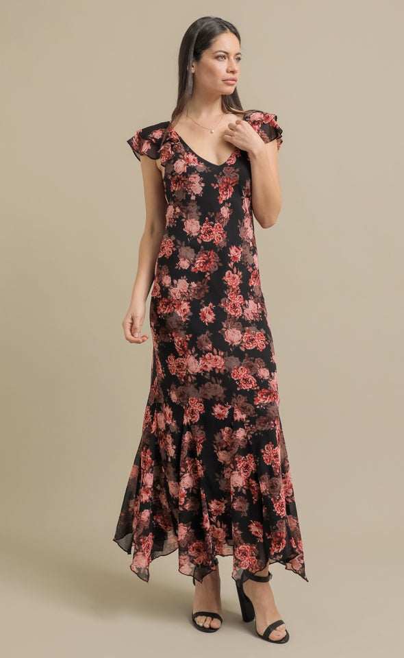 Ptd Chiffon Flutter Slv Midi Dress Black/coral