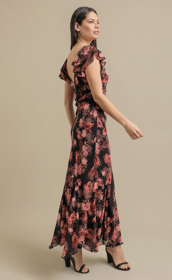 Ptd Chiffon Flutter Slv Midi Dress Black/coral