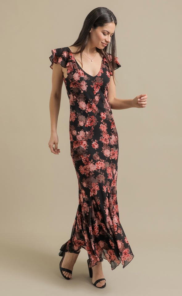 Ptd Chiffon Flutter Slv Midi Dress Black/coral