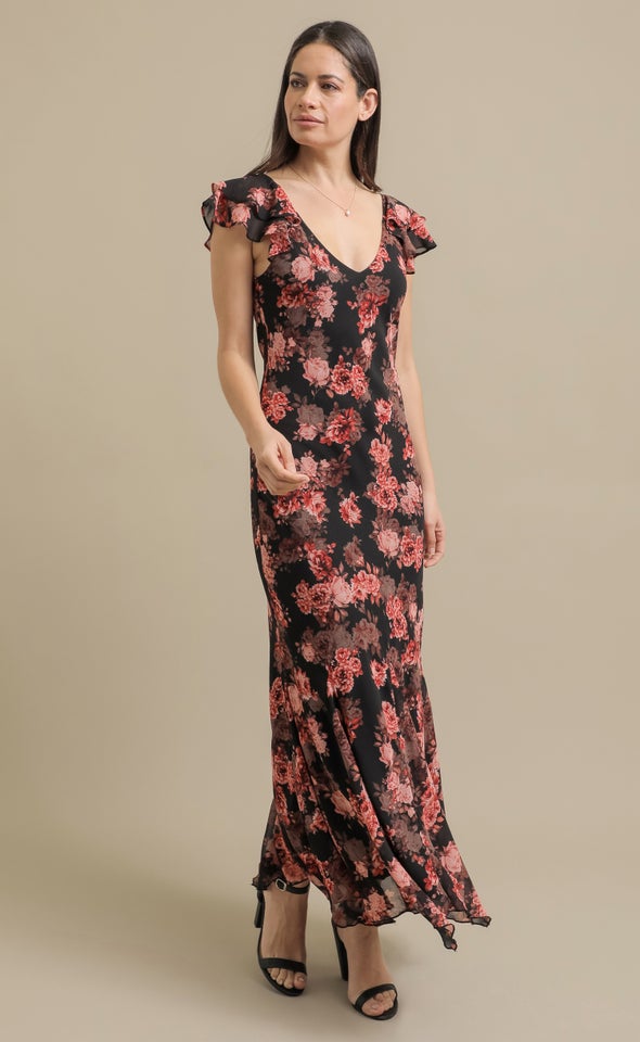 Ptd Chiffon Flutter Slv Midi Dress Black/coral