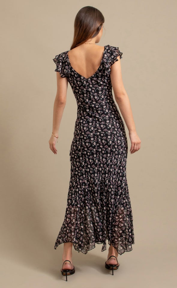 Ptd Chiffon Flutter Slv Midi Dress Black/floral
