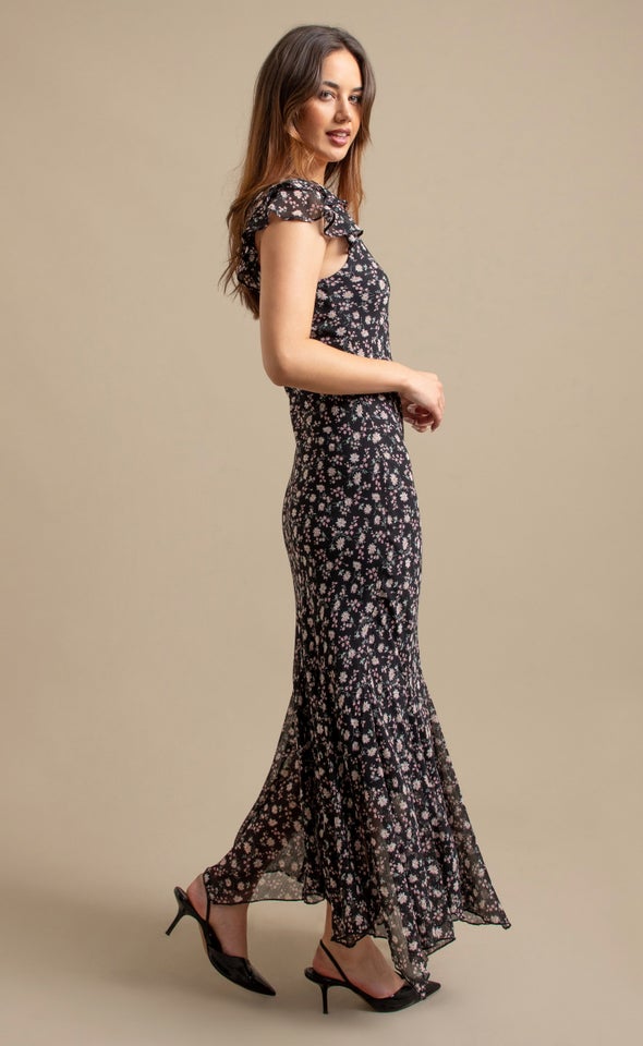 Ptd Chiffon Flutter Slv Midi Dress Black/floral