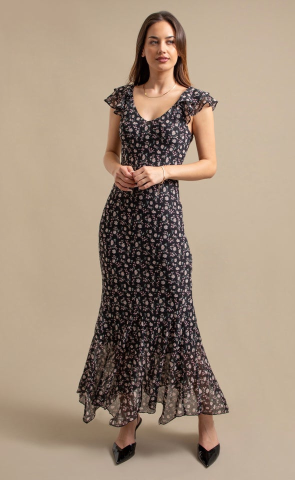 Ptd Chiffon Flutter Slv Midi Dress Black/floral