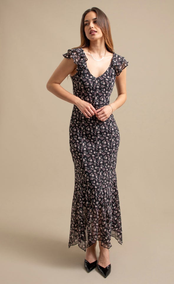 Ptd Chiffon Flutter Slv Midi Dress Black/floral