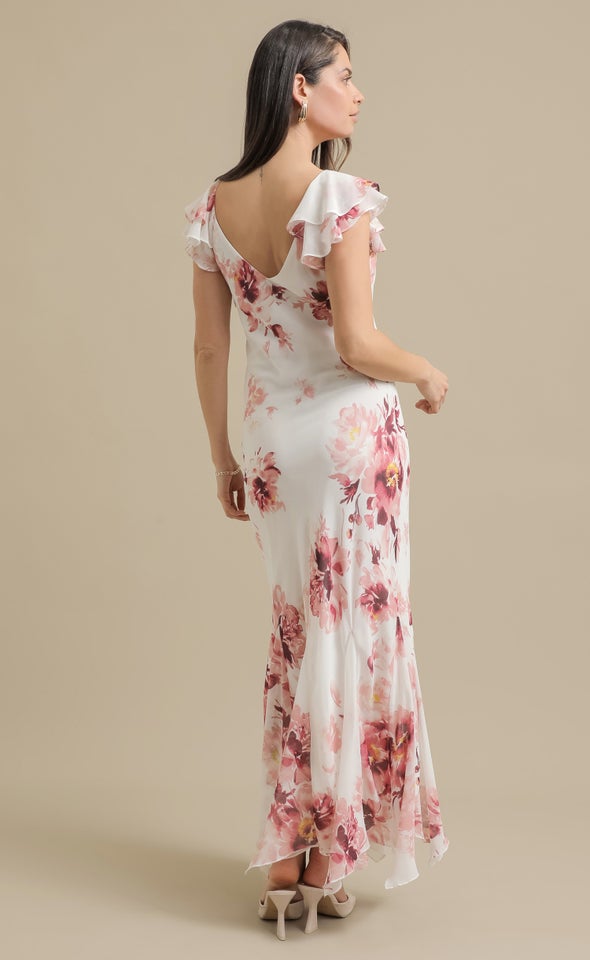 Ptd Chiffon Flutter Slv Midi Dress Cream/pink Floral