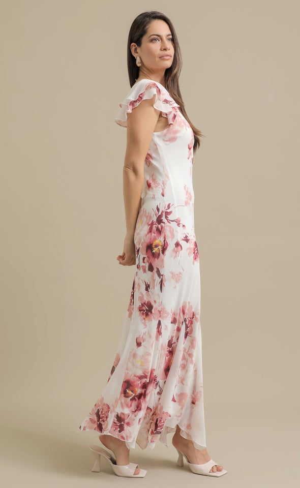Ptd Chiffon Flutter Slv Midi Dress Cream/pink Floral
