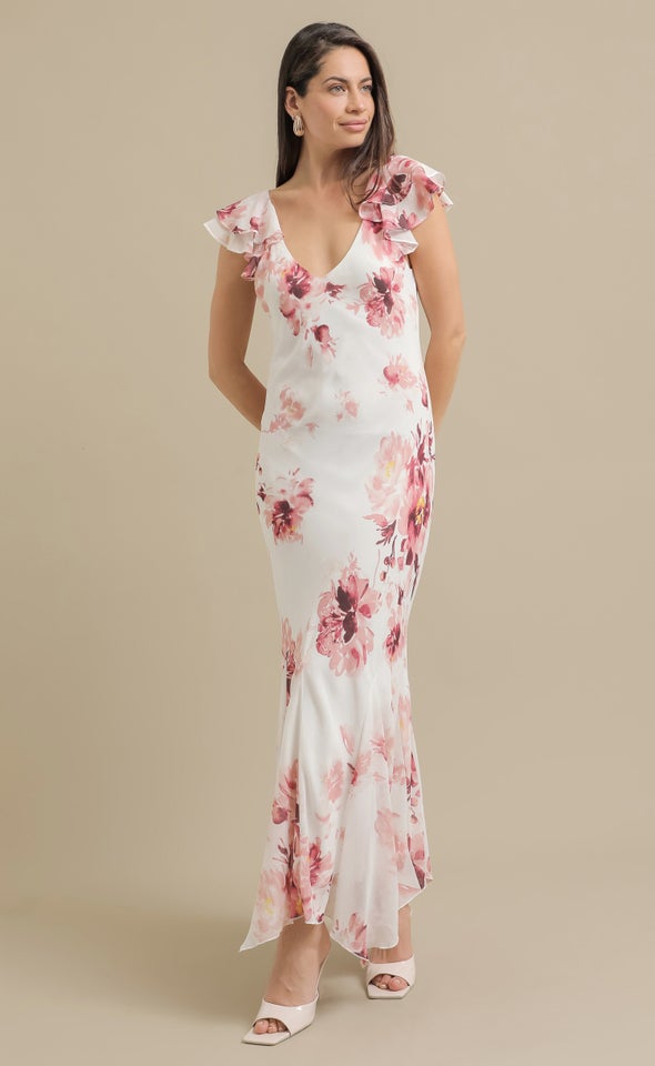 Ptd Chiffon Flutter Slv Midi Dress Cream/pink Floral