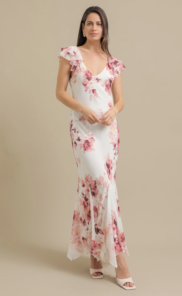 Ptd Chiffon Flutter Slv Midi Dress Cream/pink Floral