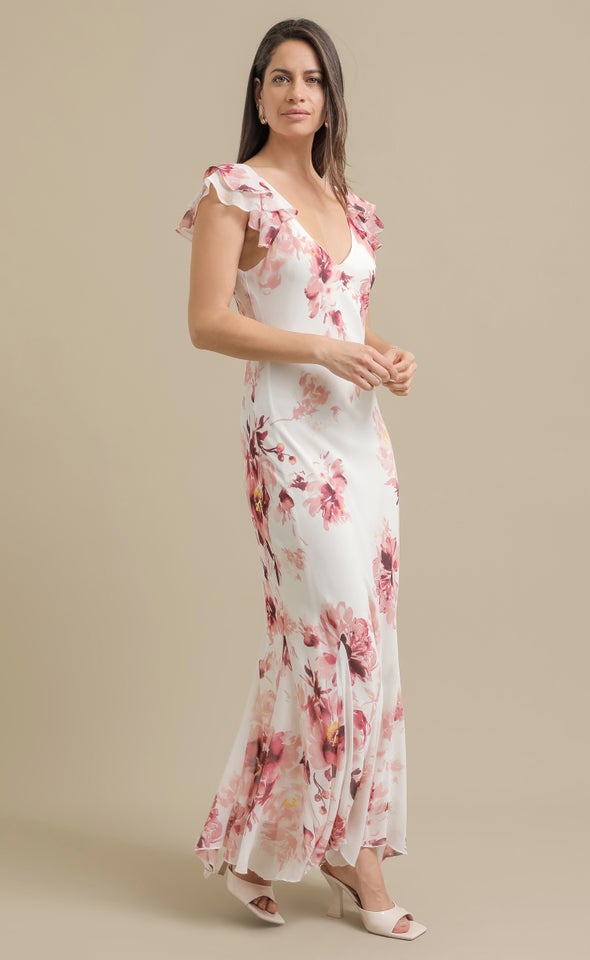 Ptd Chiffon Flutter Slv Midi Dress Cream/pink Floral