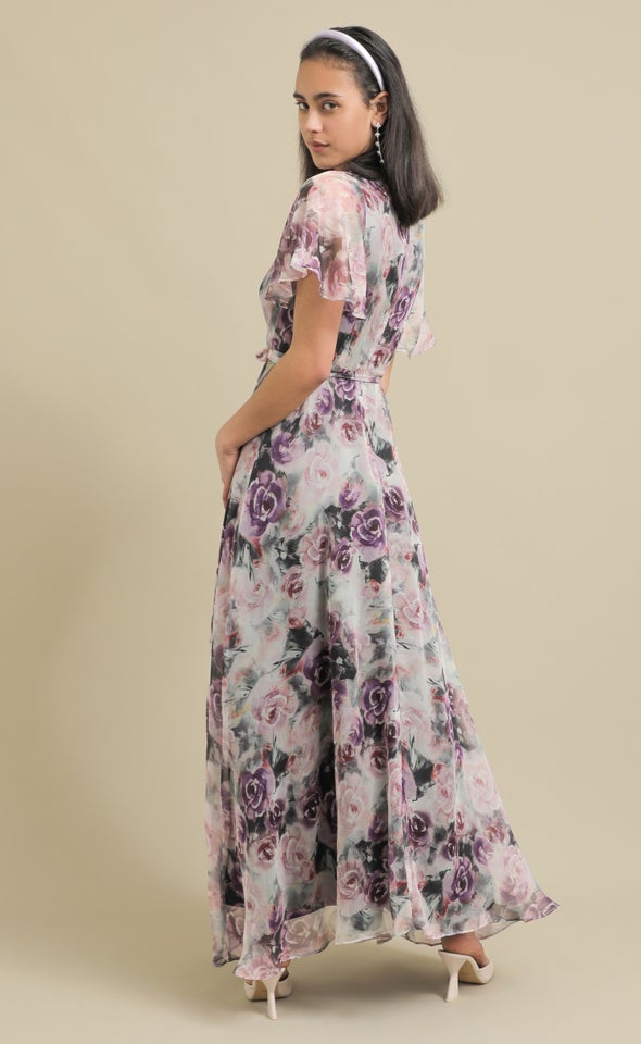 Ptd Chiffon Front Split Gown Lilac/floral