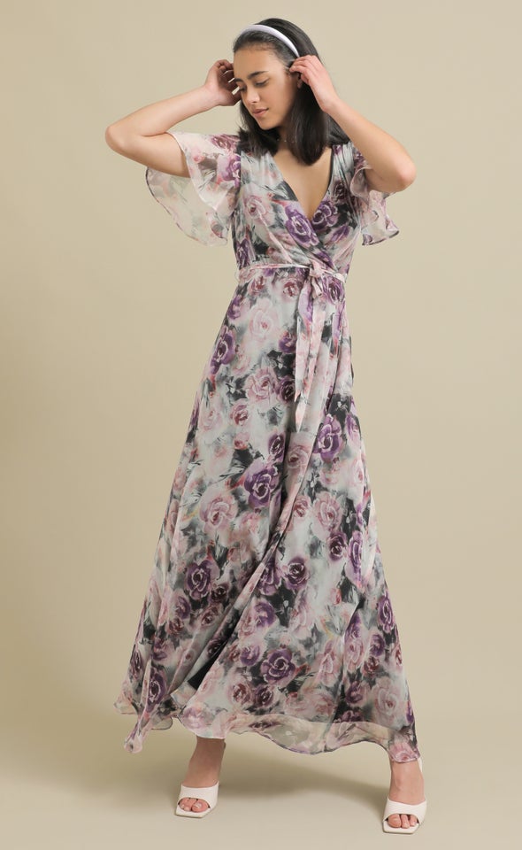 Ptd Chiffon Front Split Gown Lilac/floral