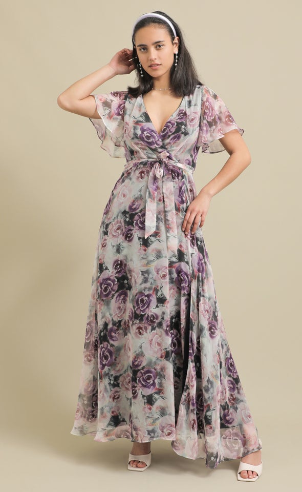 Ptd Chiffon Front Split Gown Lilac/floral