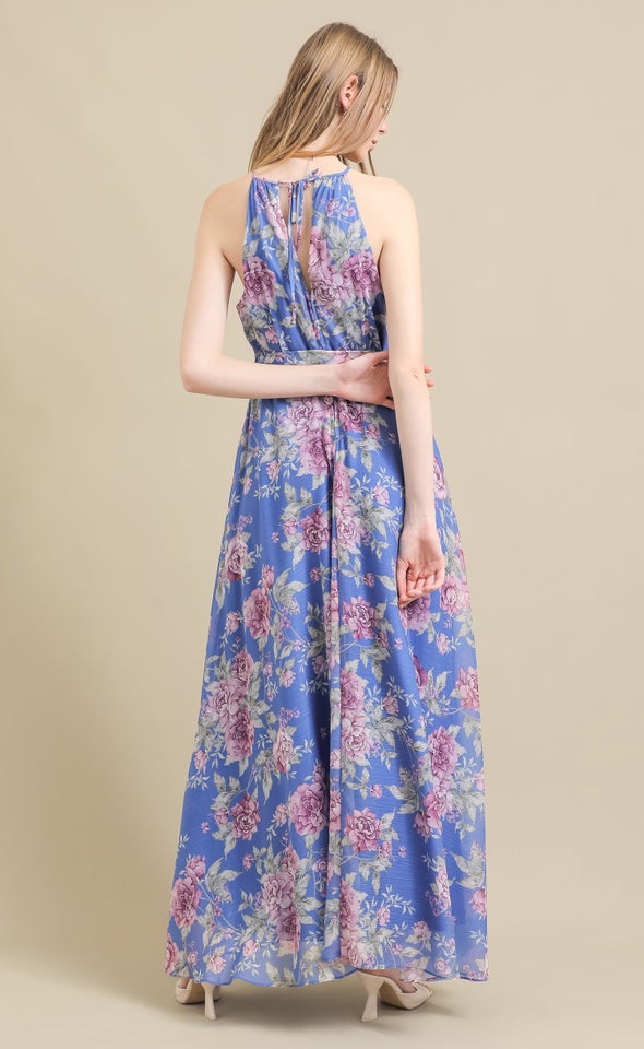 Ptd Chiffon High Neck Gown Blue/floral