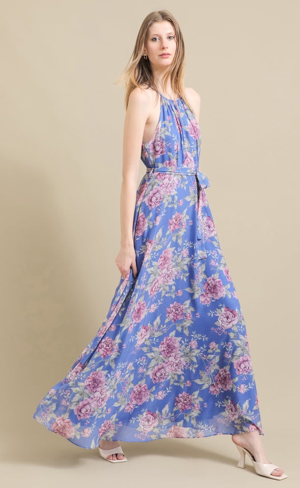 Ptd Chiffon High Neck Gown Blue/floral