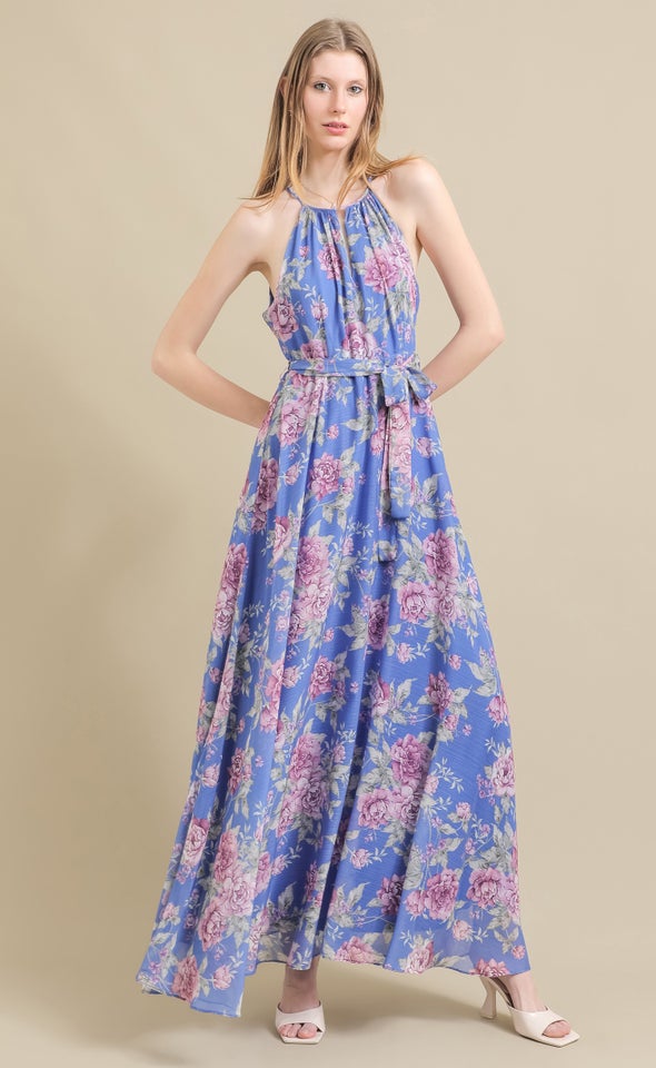 Ptd Chiffon High Neck Gown Blue/floral