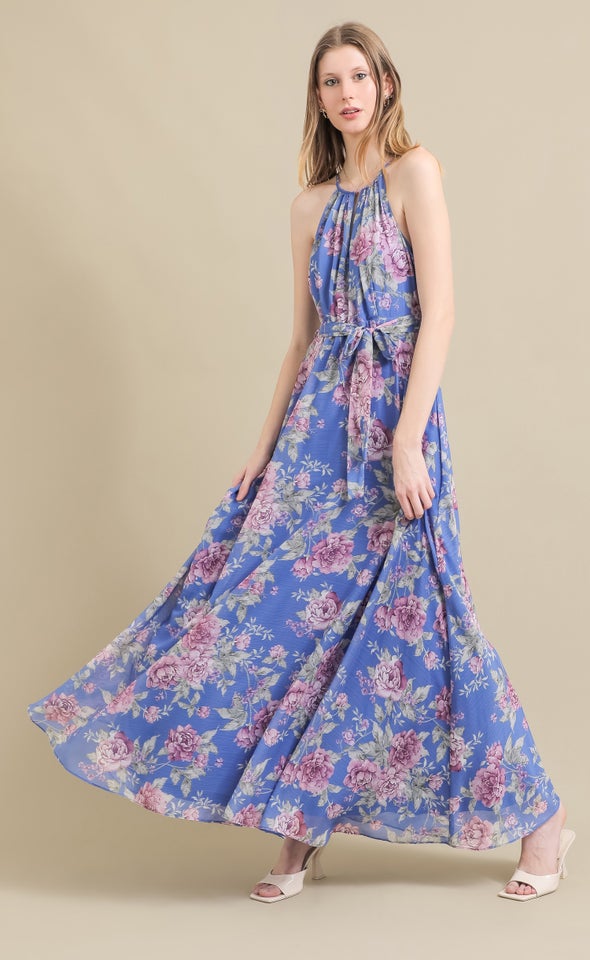 Ptd Chiffon High Neck Gown Blue/floral
