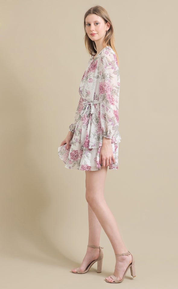 Ptd Chiffon LS Mini Dress Cream/floral