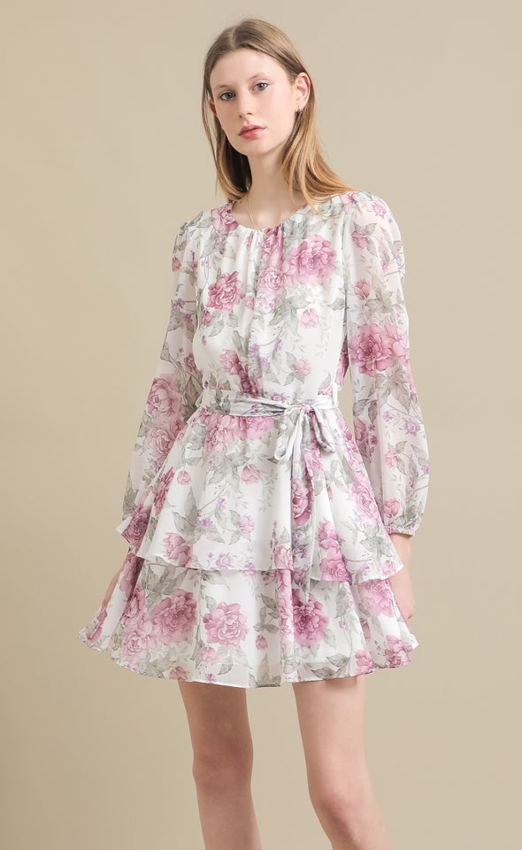 Ptd Chiffon LS Mini Dress Cream/floral