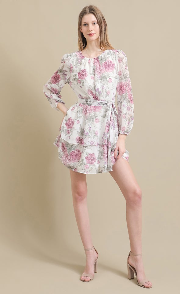 Ptd Chiffon LS Mini Dress Cream/floral