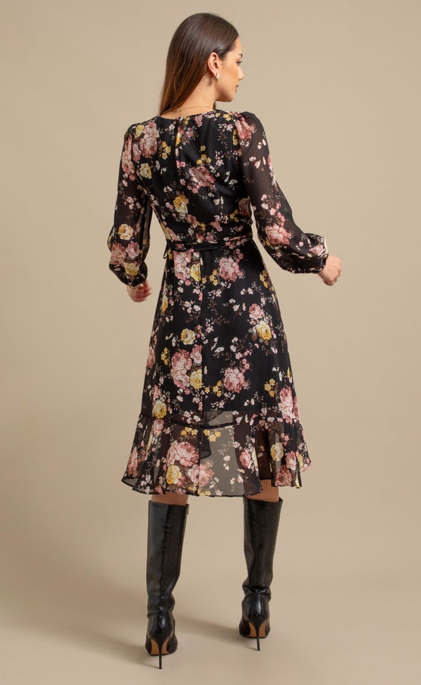 Ptd Chiffon LS Ruffle Wrap Dress Black/floral