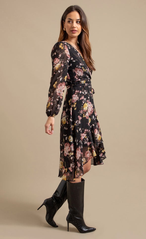 Ptd Chiffon LS Ruffle Wrap Dress Black/floral